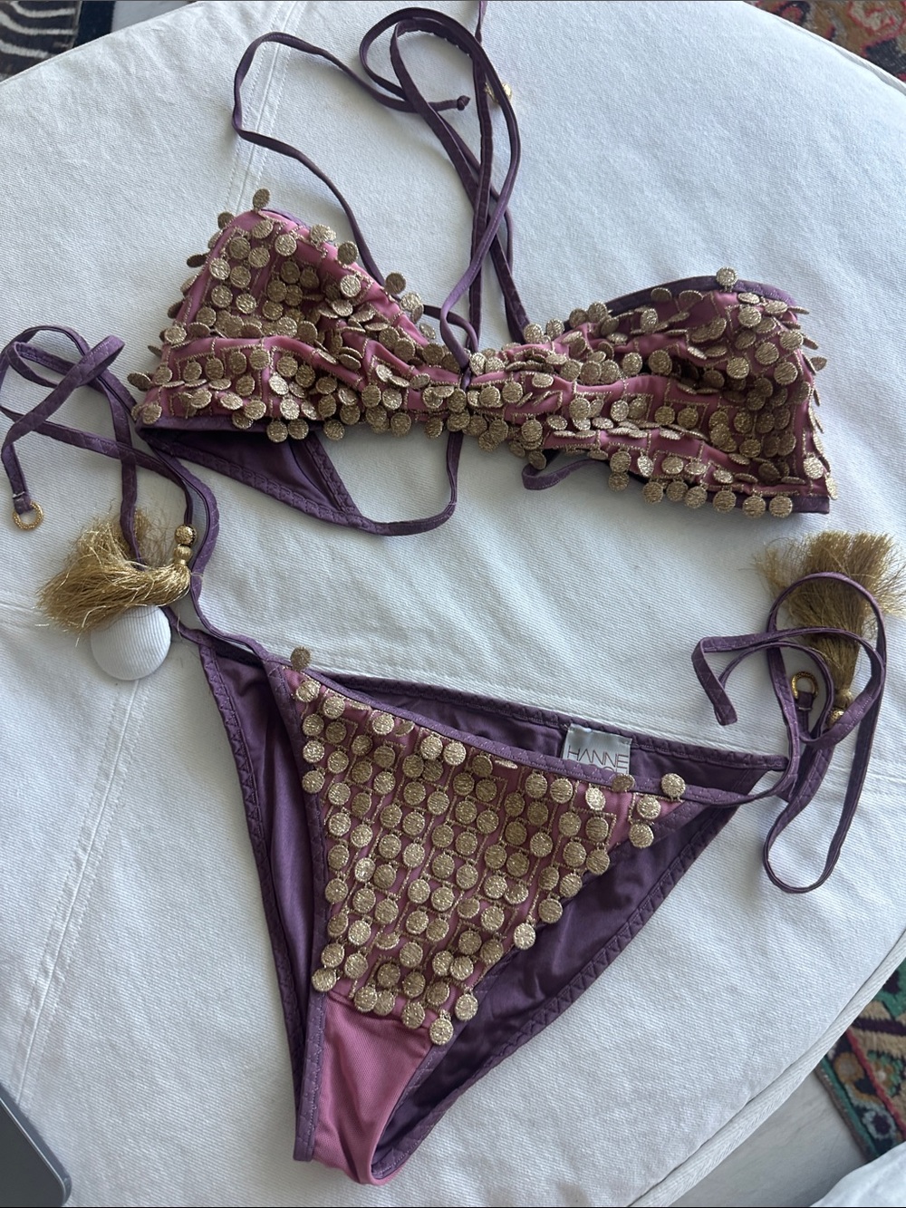 Plum Two-Piece Bikini with Gold Coin Trim - Designer Style